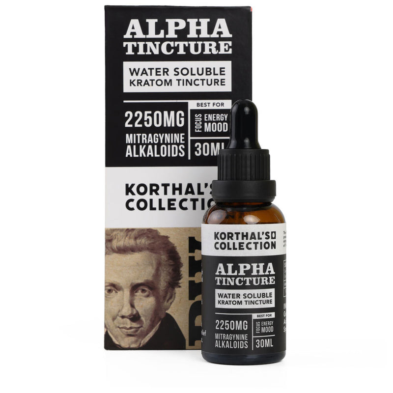 Korthal's Collection Alpha Tincture. This tincture allows you to make your own cold kratom beverages to enjoy and is best for increased energy, mood elevation, focus and pain relief. 