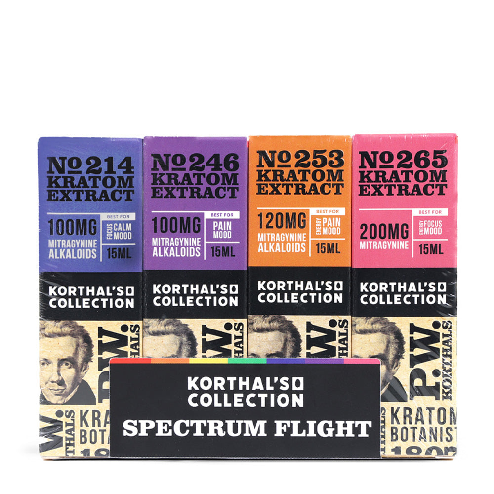 A curated flight of Korthal's Collection kratom extracts, providing potential pain relief, boosted mood, focus, and energy.